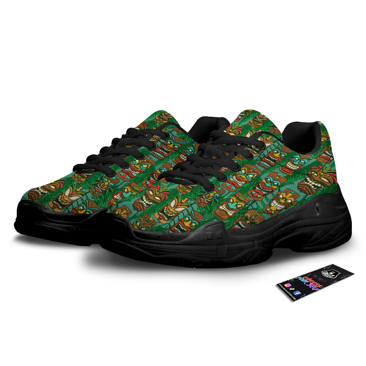 Tiki Wooden Print Pattern Black Chunky Shoes-grizzshop