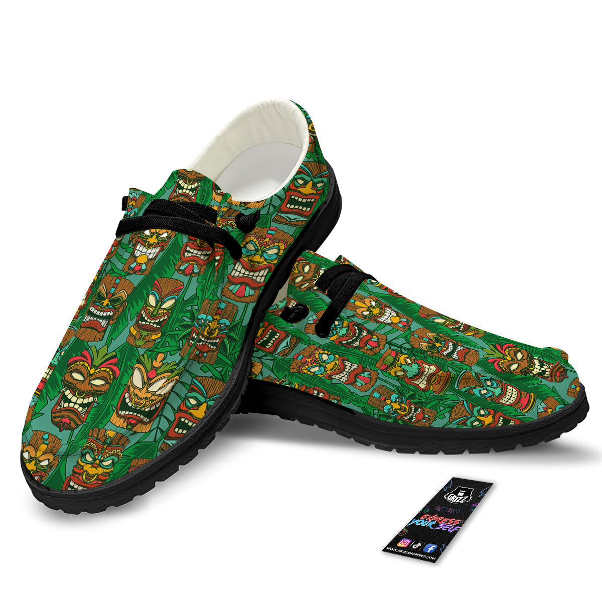 Tiki Wooden Print Pattern Black Loafers-grizzshop