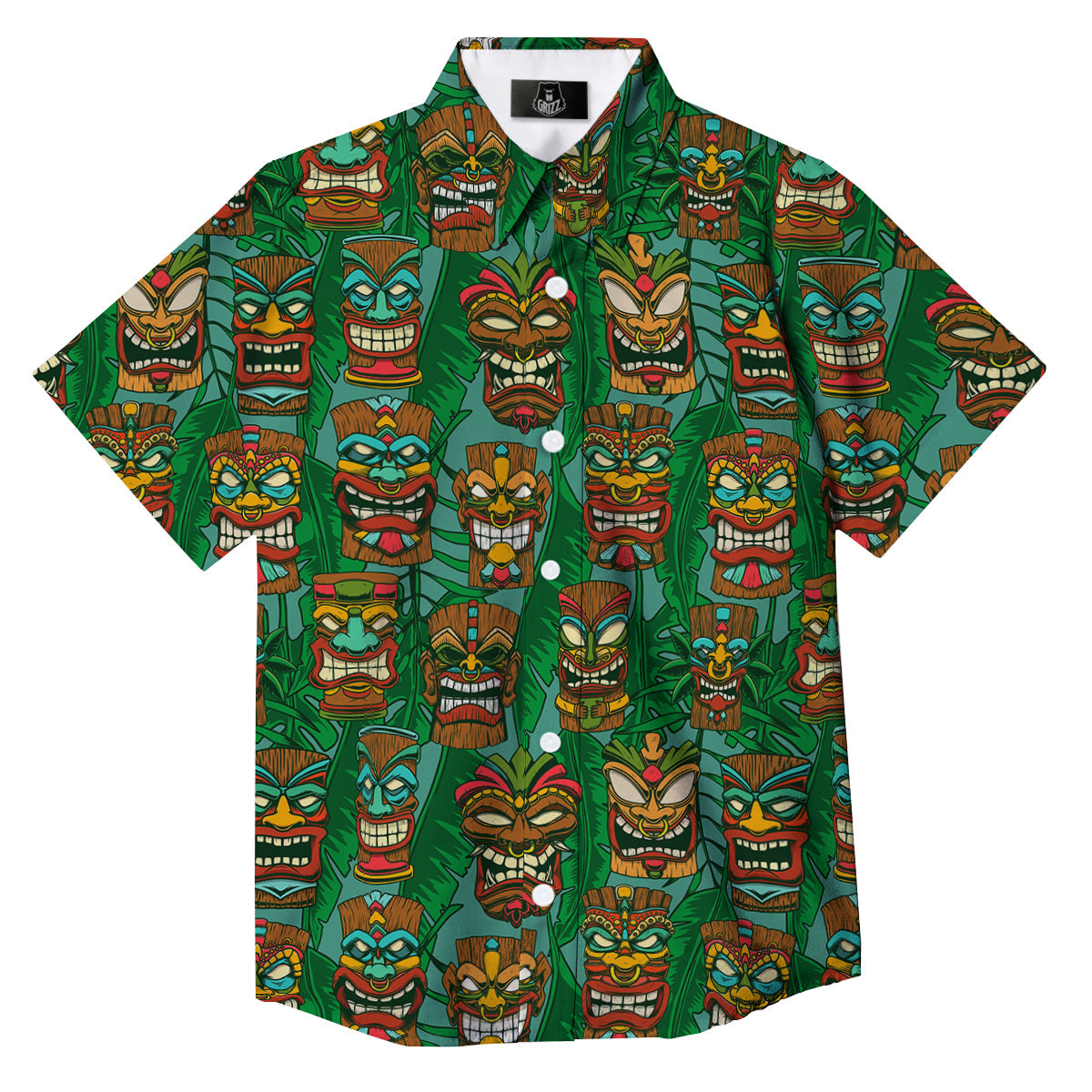 Tiki Wooden Print Pattern Button Up Shirt-grizzshop