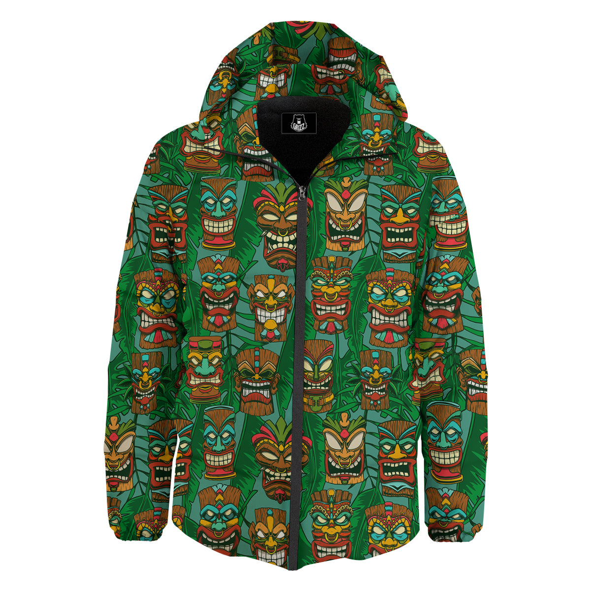 Tiki Wooden Print Pattern Down Jacket-grizzshop