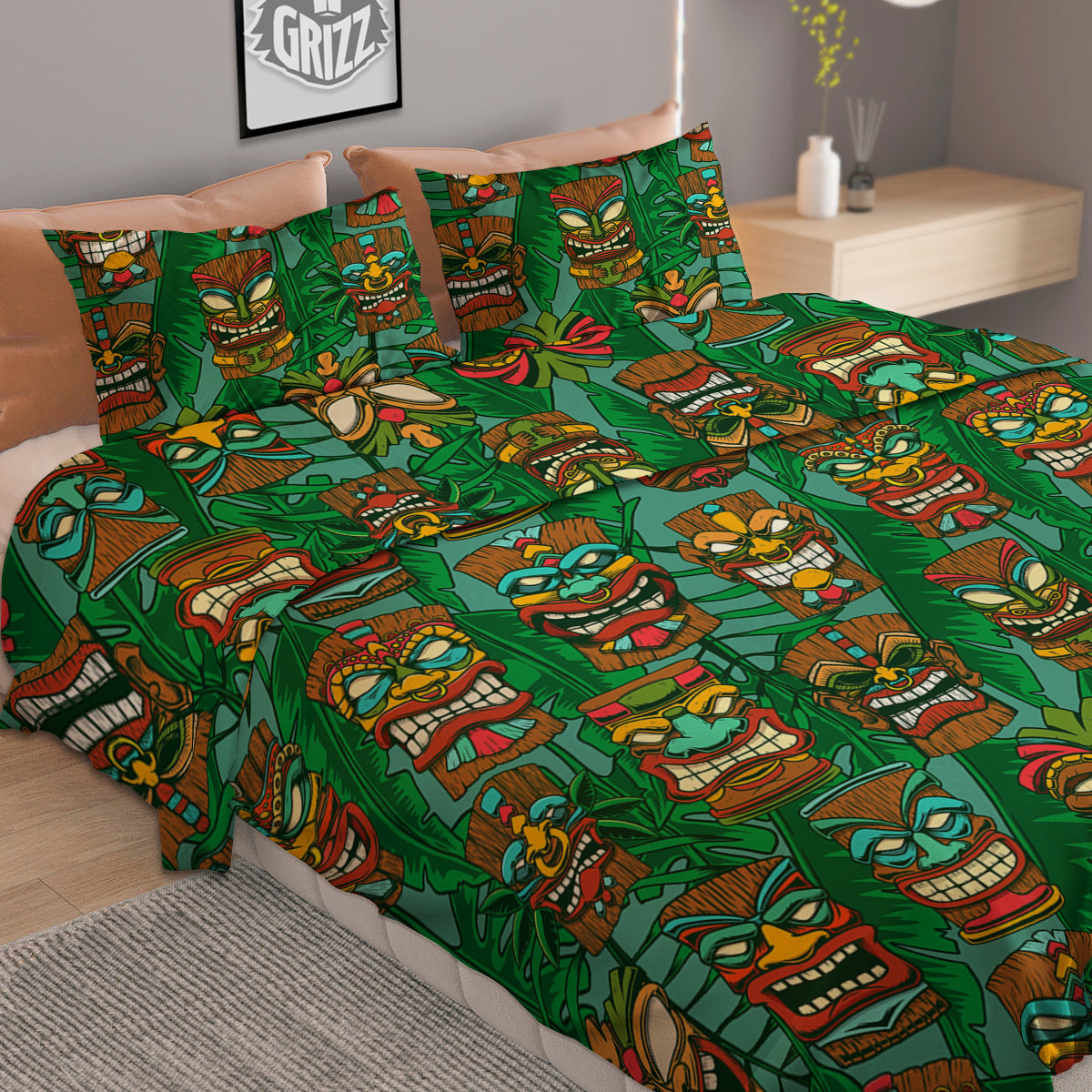 Tiki Wooden Print Pattern Duvet Cover Bedding Set