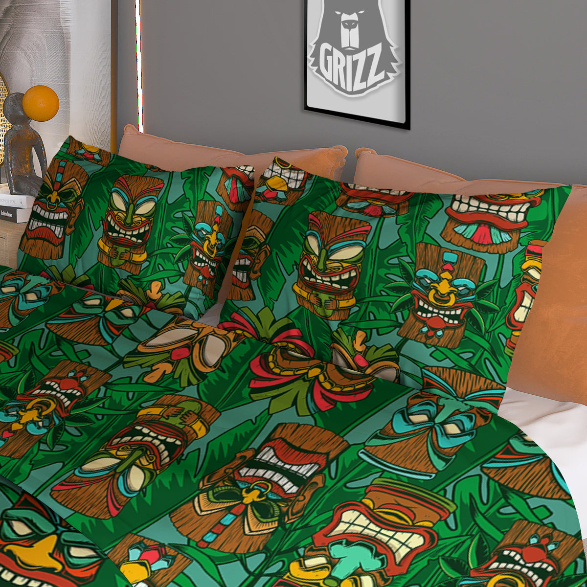 Tiki Wooden Print Pattern Duvet Cover Bedding Set