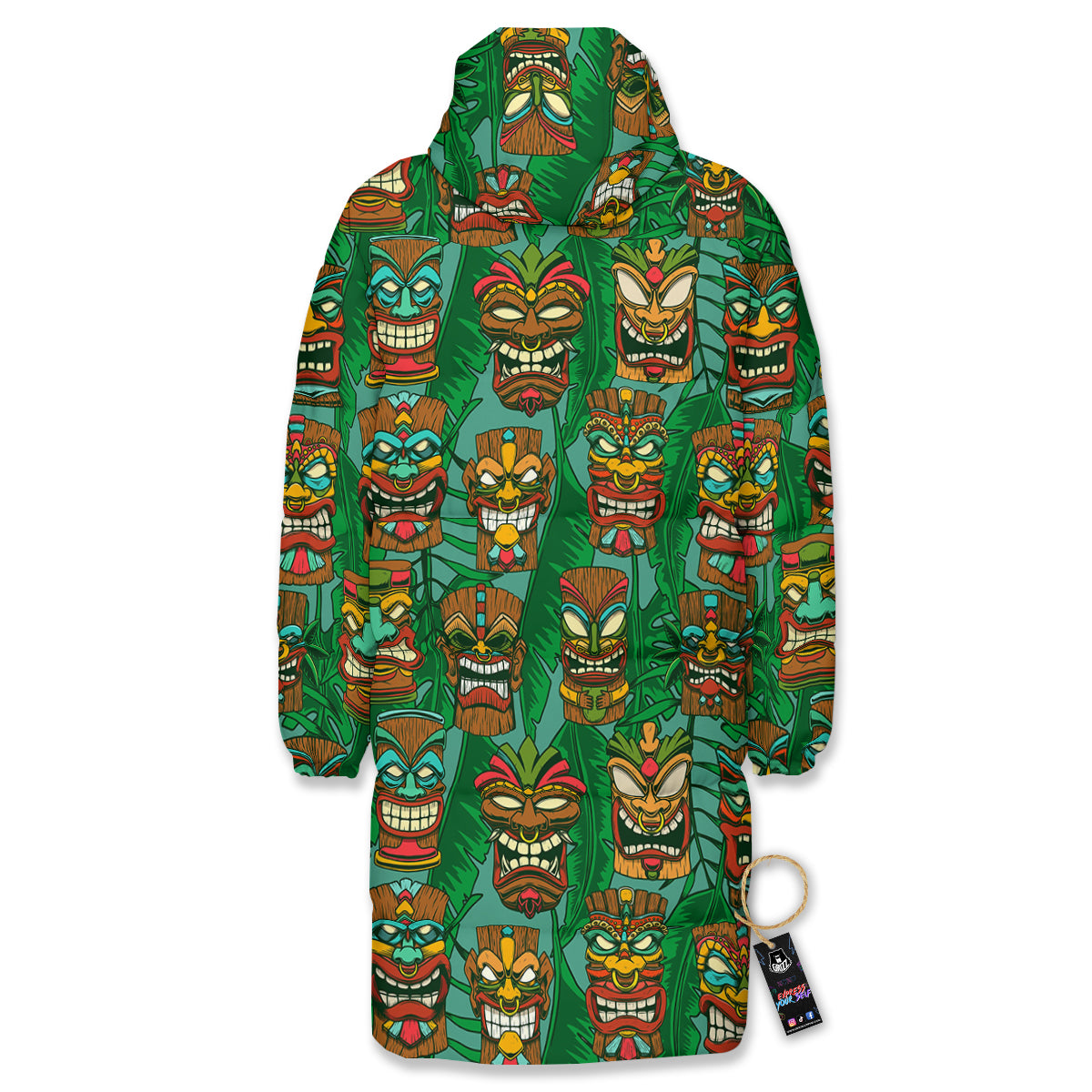 Tiki Wooden Print Pattern Long Down Jacket-grizzshop