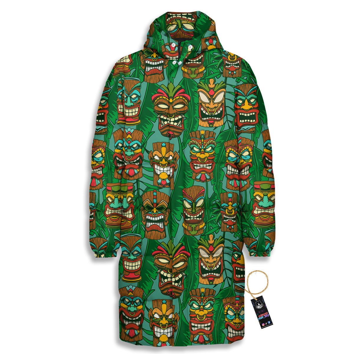 Tiki Wooden Print Pattern Long Down Jacket-grizzshop