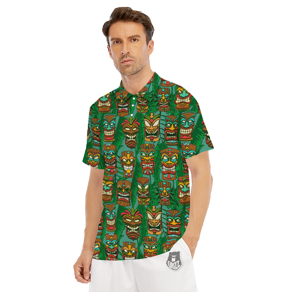 Tiki Wooden Print Pattern Men's Golf Shirts-grizzshop