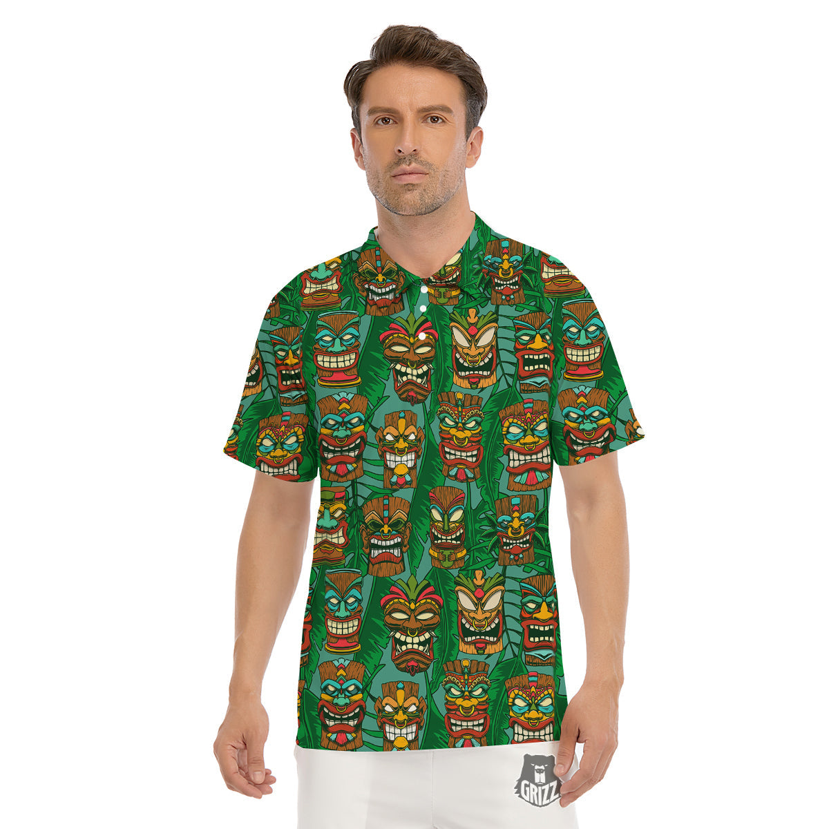 Tiki Wooden Print Pattern Men's Golf Shirts-grizzshop