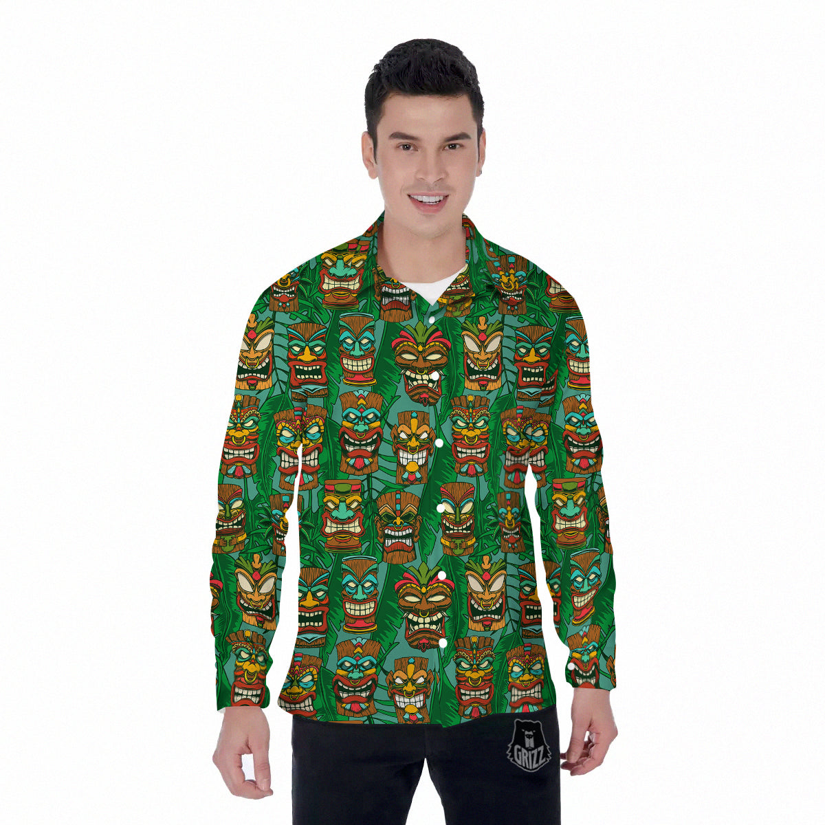 Tiki Wooden Print Pattern Men's Long Sleeve Shirts-grizzshop