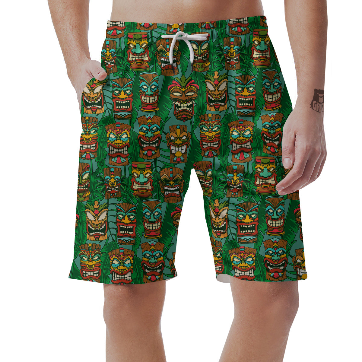 Tiki Wooden Print Pattern Men's Shorts-grizzshop