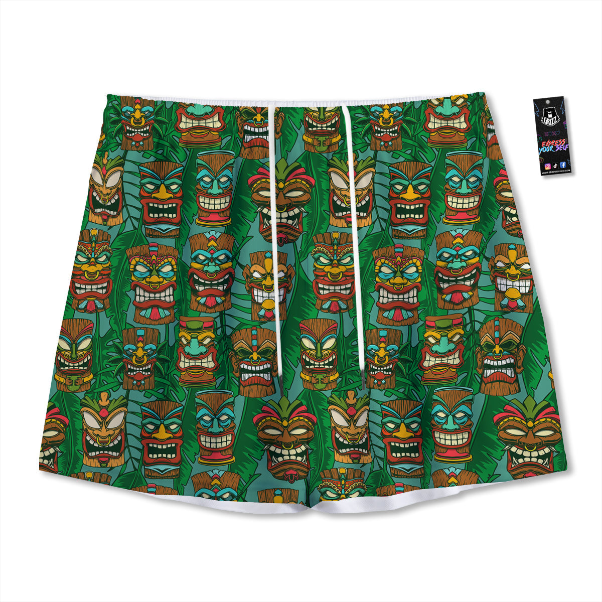 Tiki Wooden Print Pattern Mesh Shorts