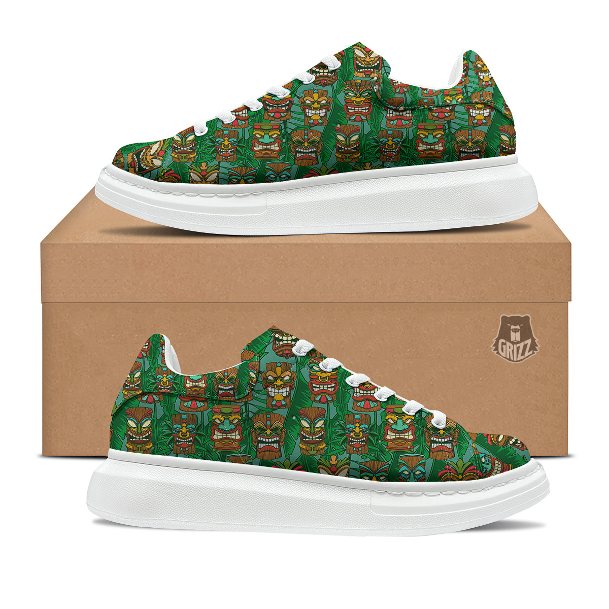 Tiki Wooden Print Pattern Platform Shoes-grizzshop