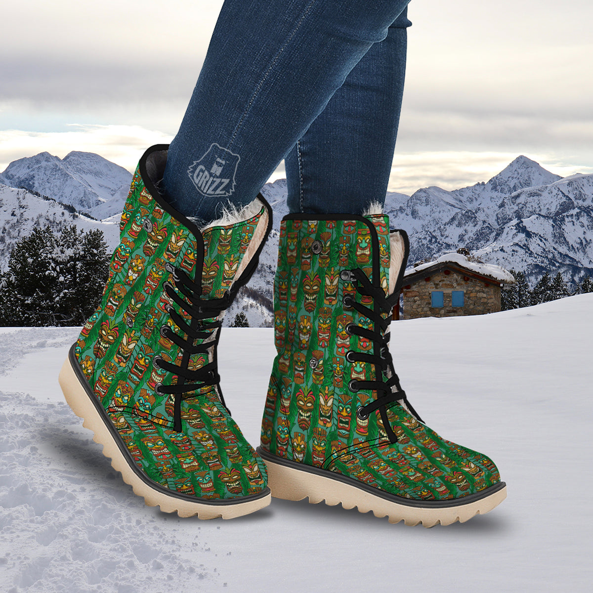 Tiki Wooden Print Pattern Snow Boots-grizzshop