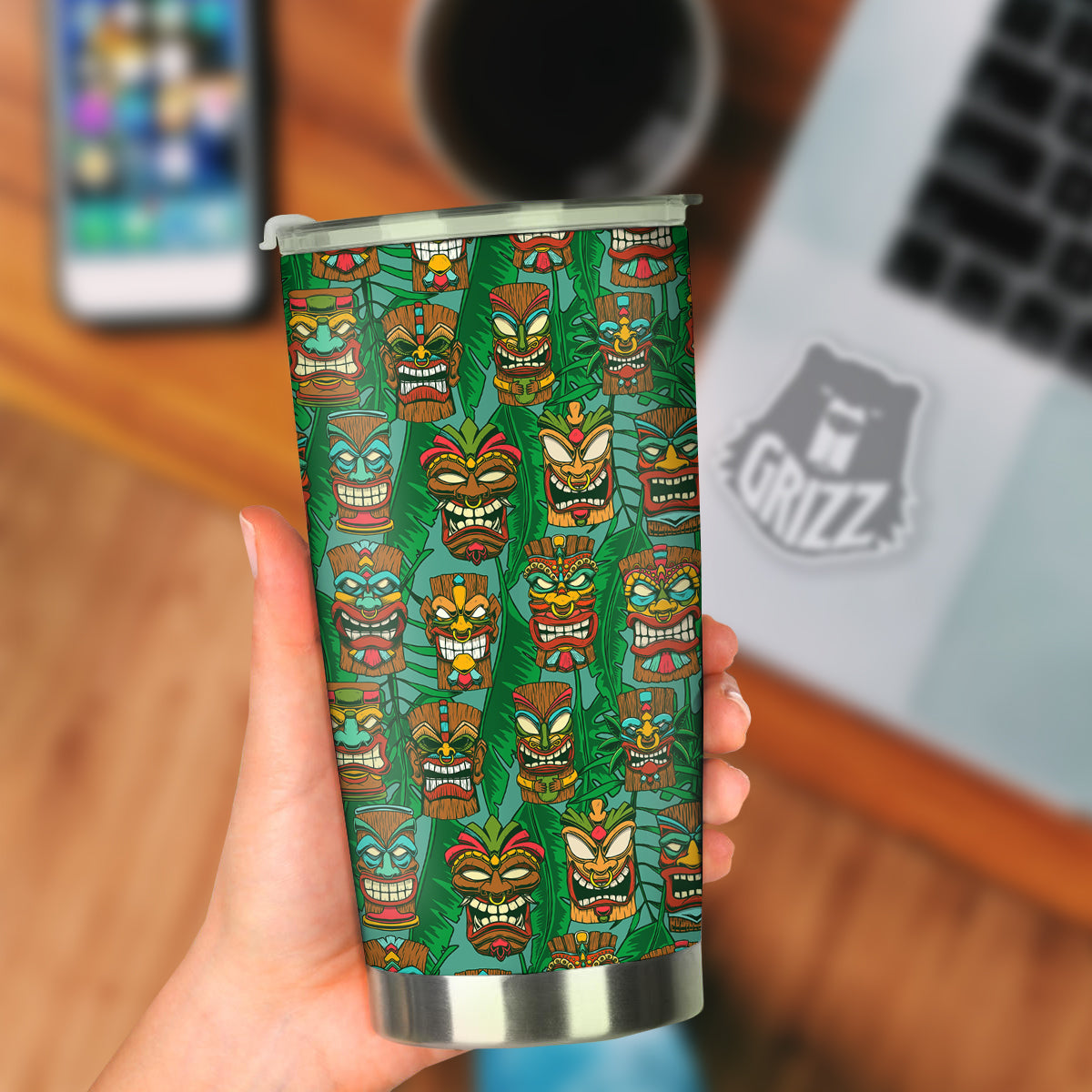 Tiki Wooden Print Pattern Tumbler-grizzshop