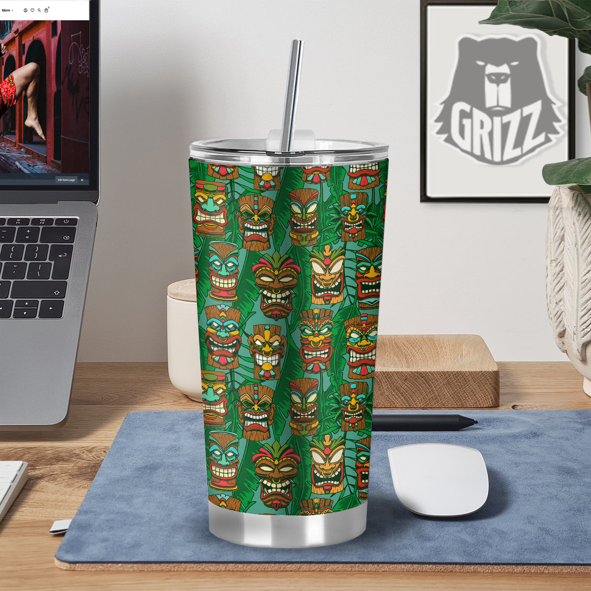 Tiki Wooden Print Pattern Tumbler-grizzshop