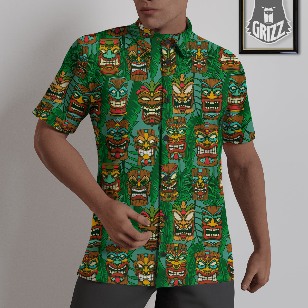Tiki Wooden Print Pattern Untucked Shirts-grizzshop