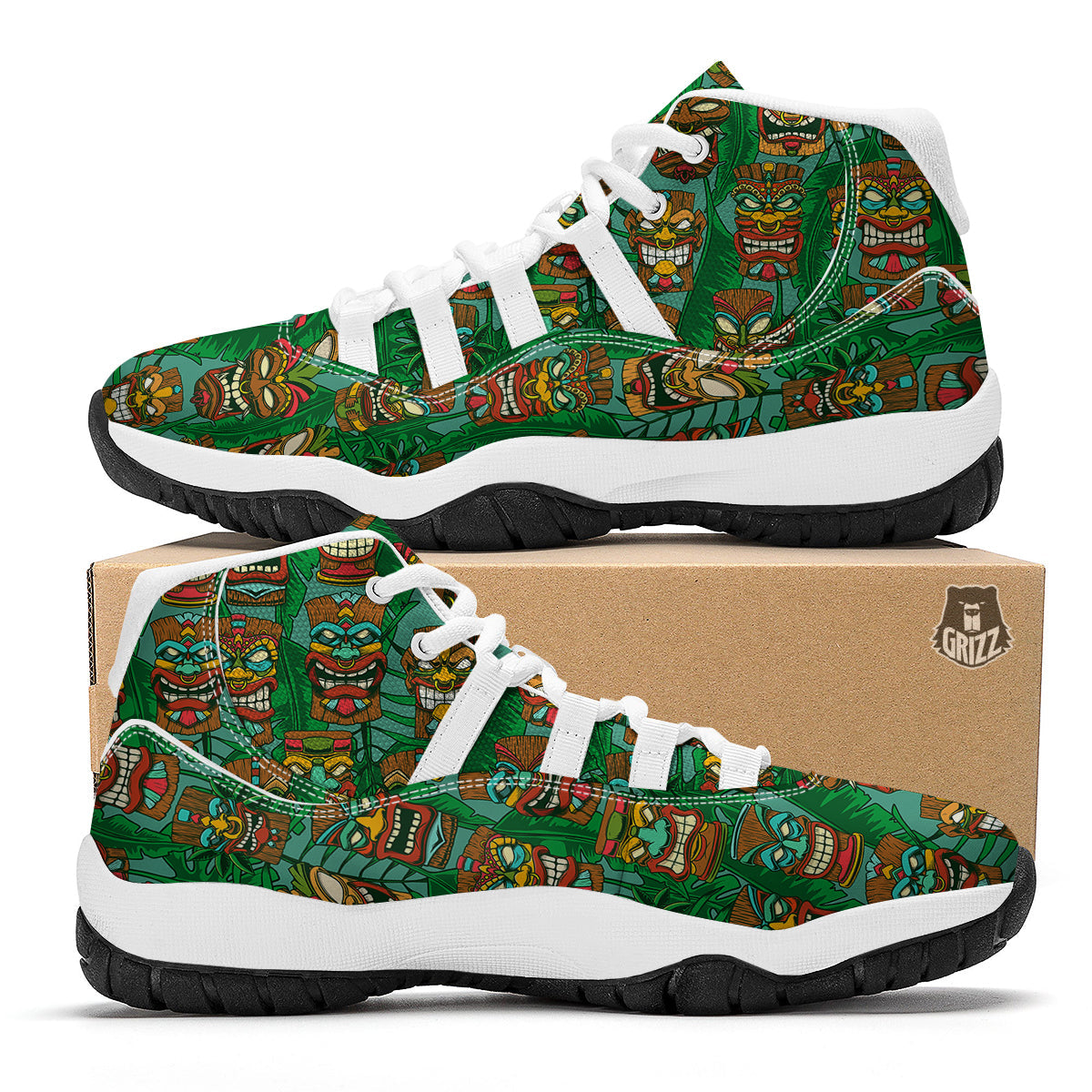 Tiki Wooden Print Pattern White Bball Shoes-grizzshop