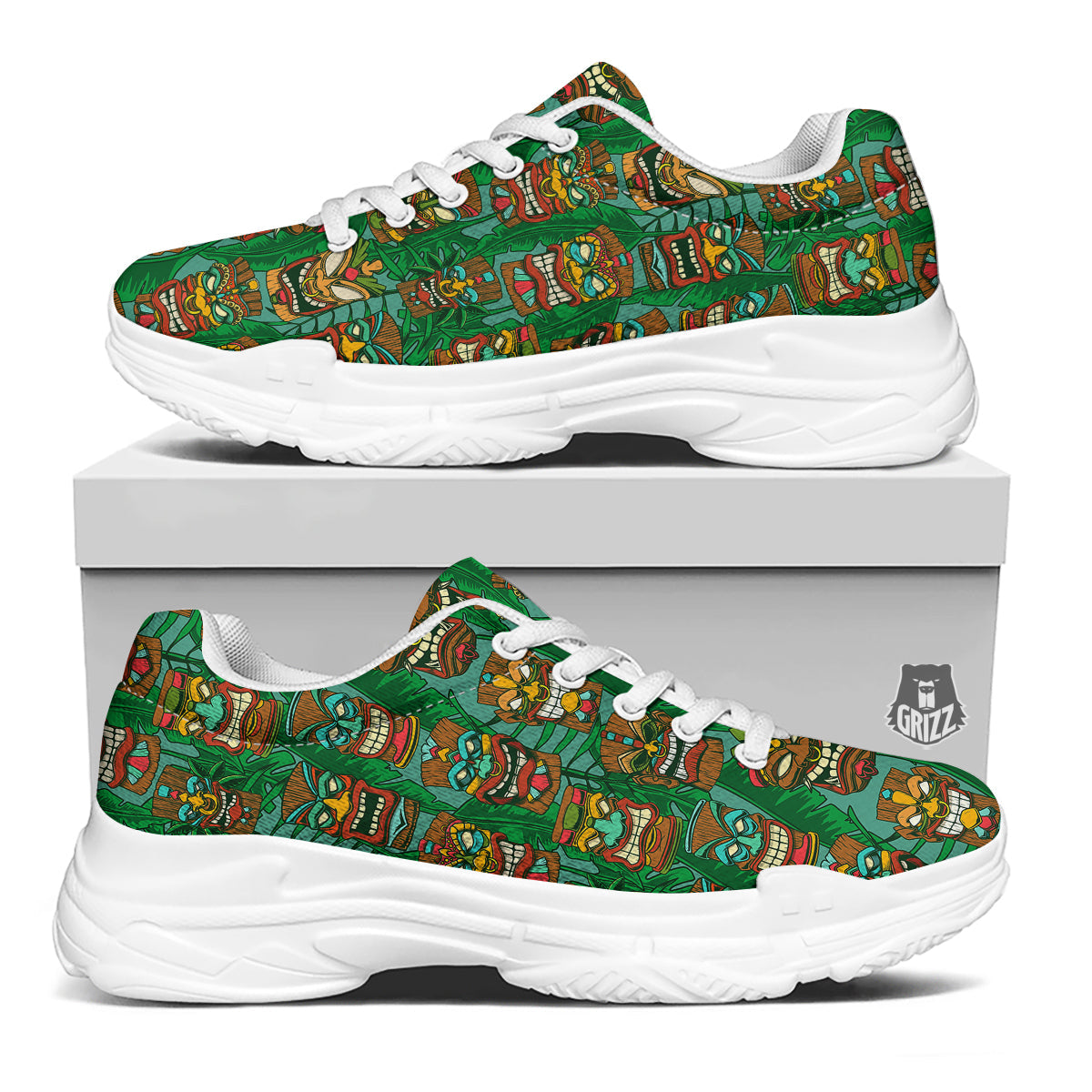 Tiki Wooden Print Pattern White Chunky Shoes-grizzshop