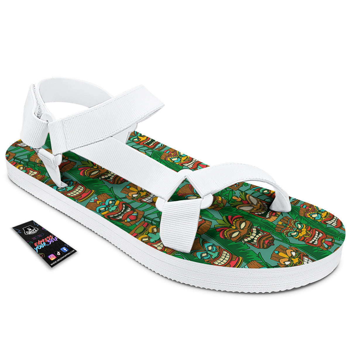 Tiki Wooden Print Pattern White Open Toe Sandals-grizzshop