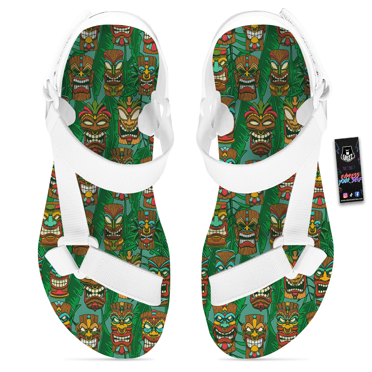 Tiki Wooden Print Pattern White Open Toe Sandals-grizzshop