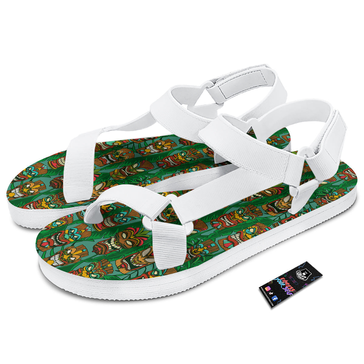 Tiki Wooden Print Pattern White Open Toe Sandals-grizzshop