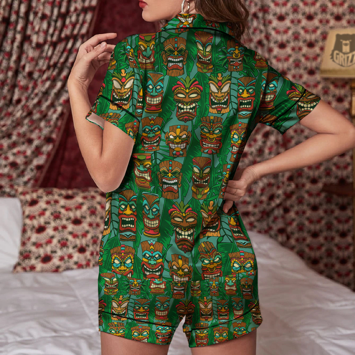 Tiki Wooden Print Pattern Women Silk Pajamas-grizzshop