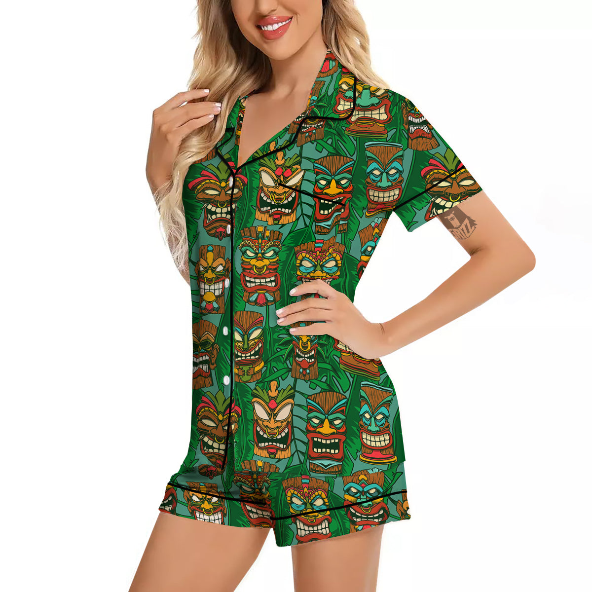 Tiki Wooden Print Pattern Women Silk Pajamas-grizzshop