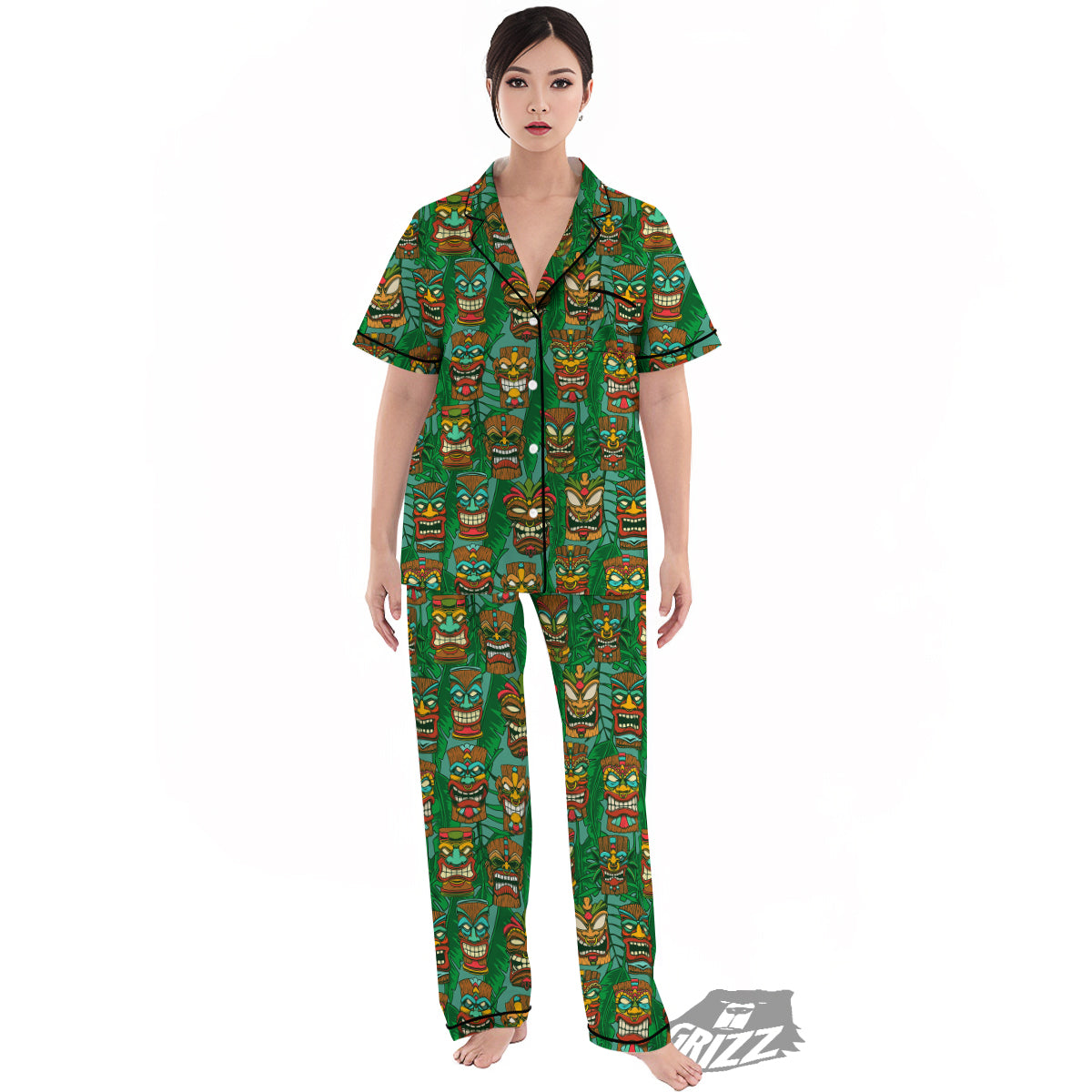 Tiki Wooden Print Pattern Women's Pajamas Set-grizzshop