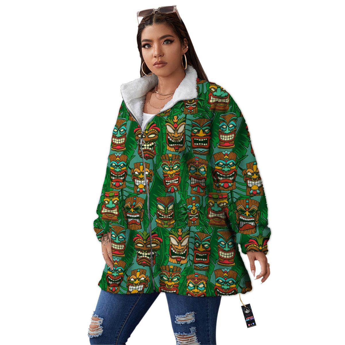 Tiki Wooden Print Pattern Women's Sherpa Jacket-grizzshop