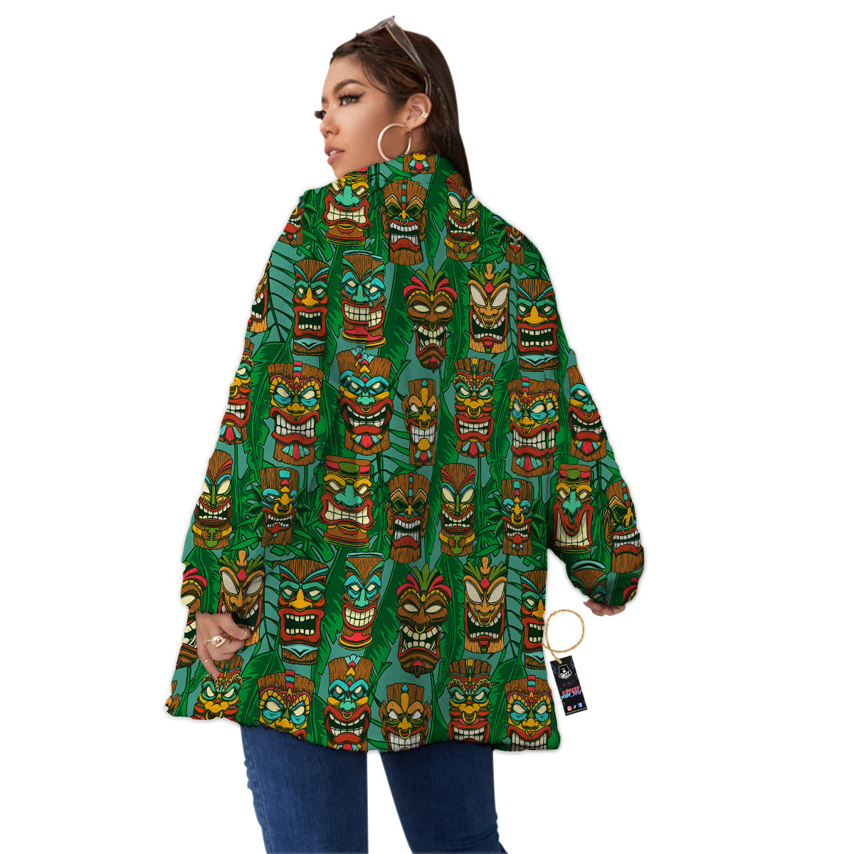 Tiki Wooden Print Pattern Women's Sherpa Jacket-grizzshop