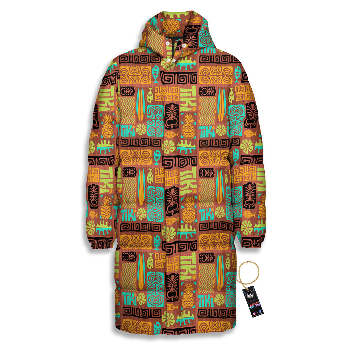 Tiki Ethnic Print Pattern Long Down Jacket