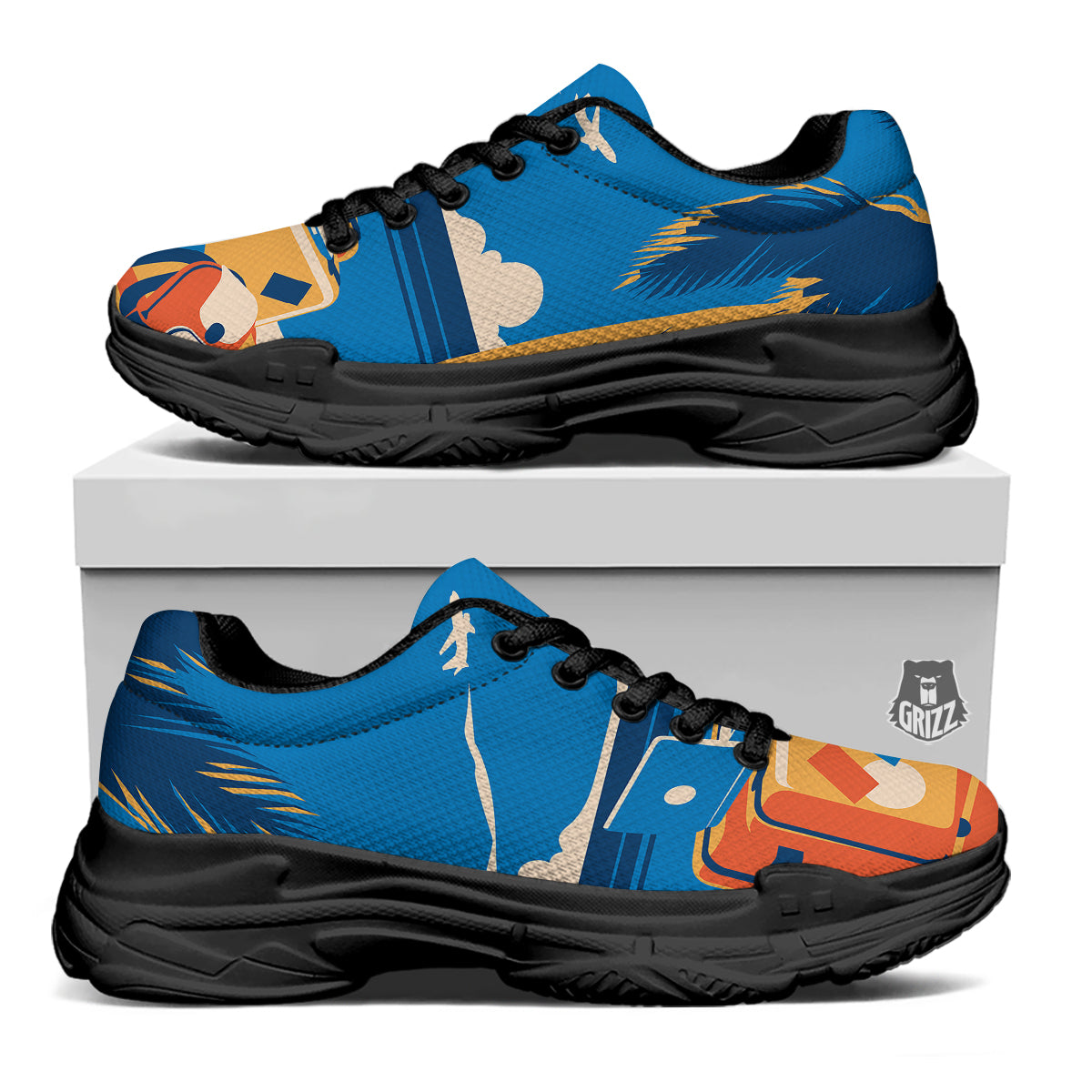 Time To Travel Summer Holiday Print Black Chunky Shoes-grizzshop