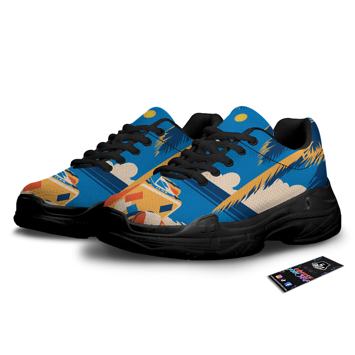 Time To Travel Summer Holiday Print Black Chunky Shoes-grizzshop