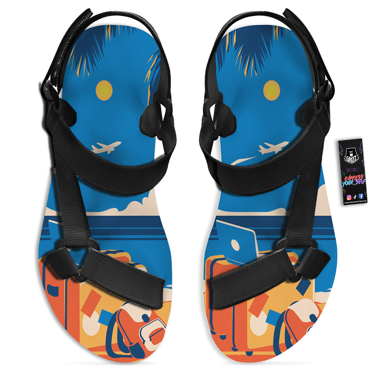 Time To Travel Summer Holiday Print Black Open Toe Sandals-grizzshop