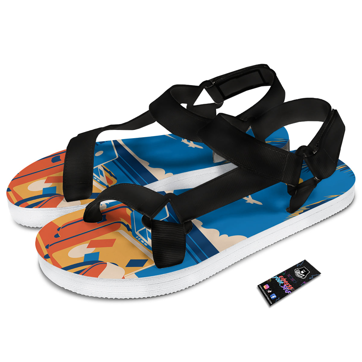 Time To Travel Summer Holiday Print Black Open Toe Sandals-grizzshop