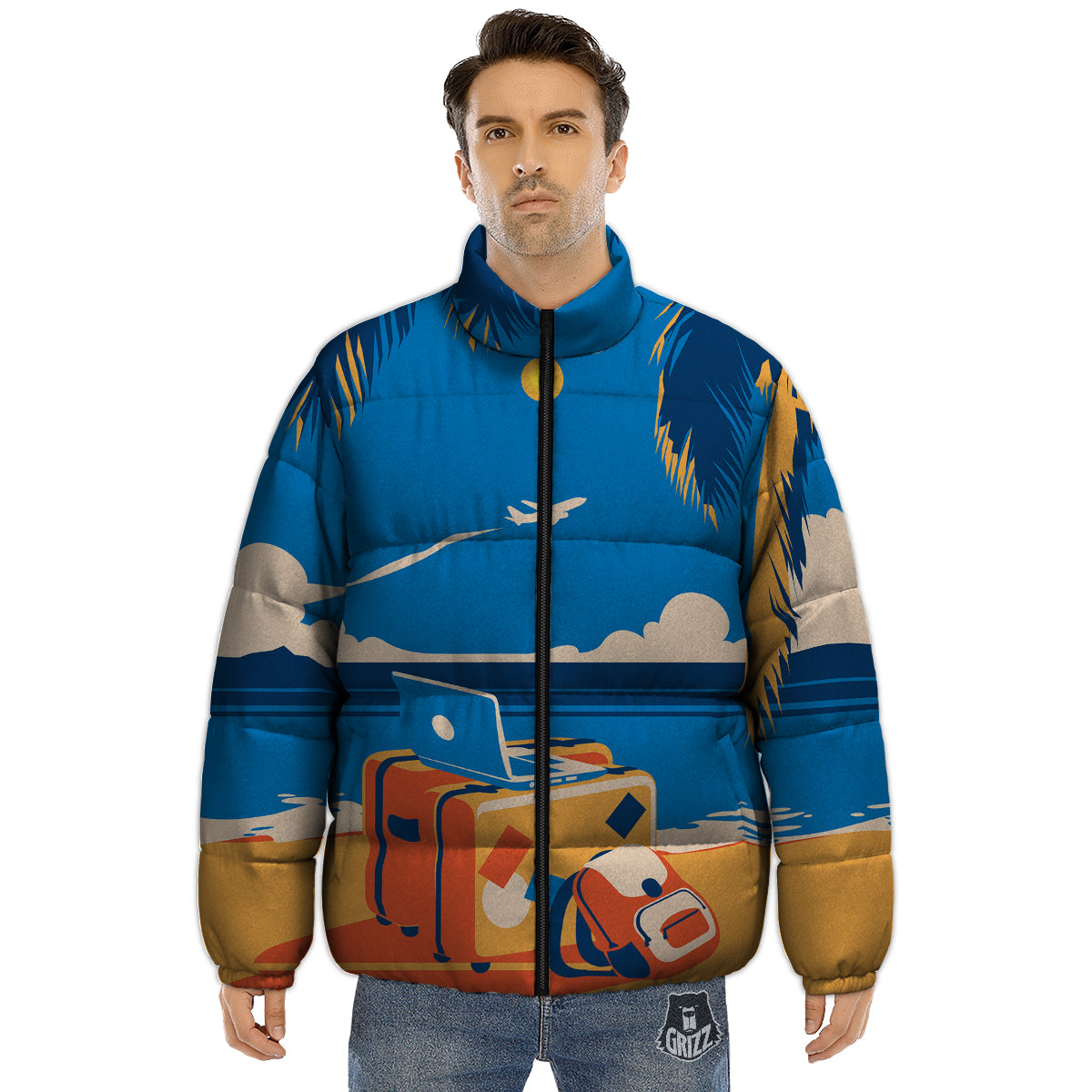 Time To Travel Summer Holiday Print Puffer Jacket-grizzshop