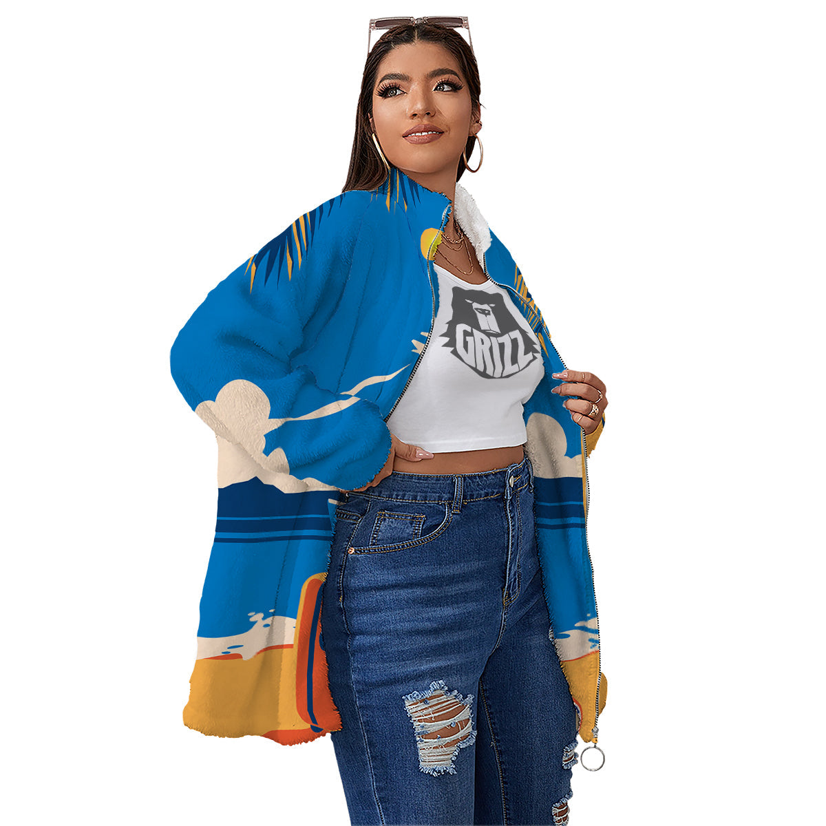 Time To Travel Summer Holiday Print Women's Sherpa Jacket-grizzshop