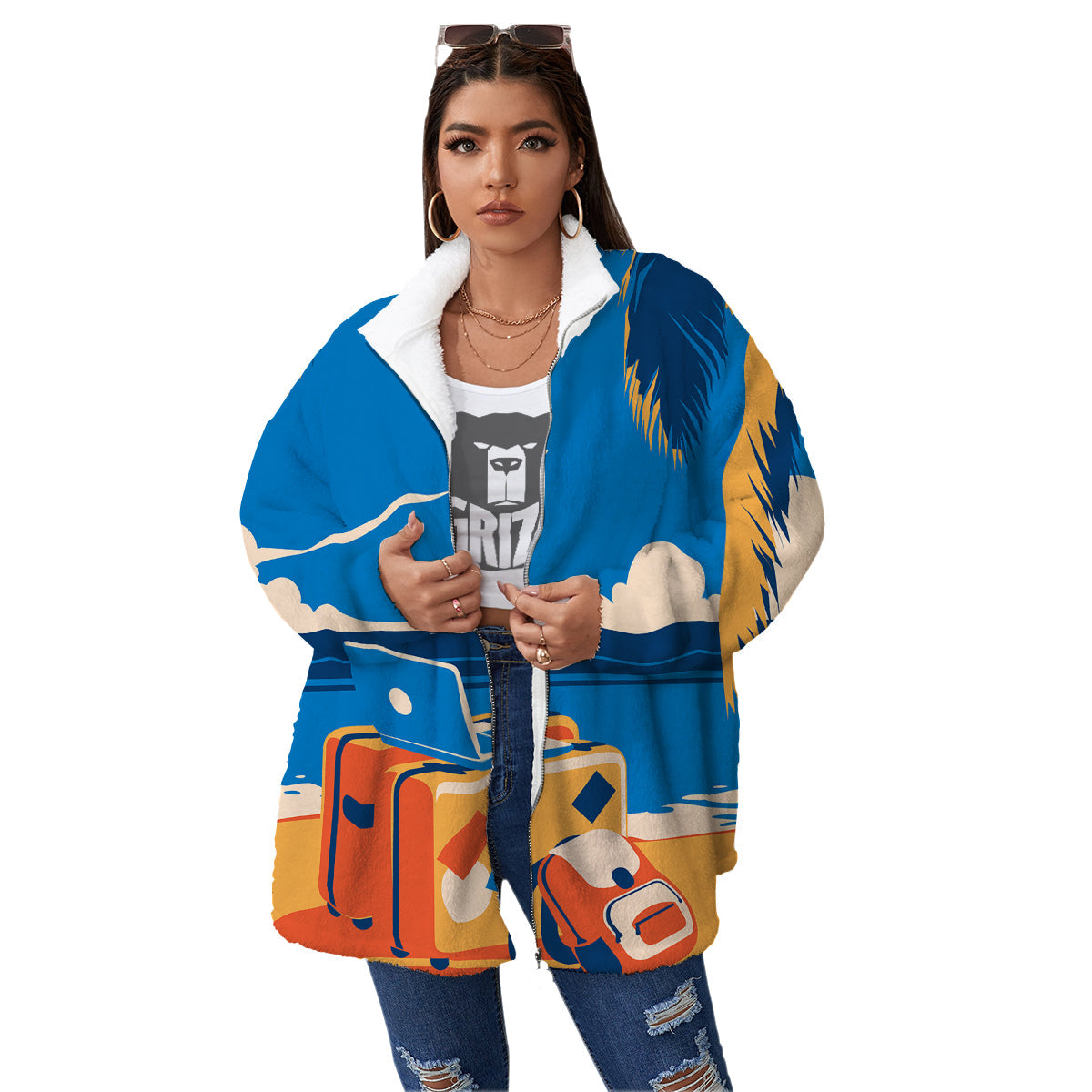 Time To Travel Summer Holiday Print Women's Sherpa Jacket-grizzshop