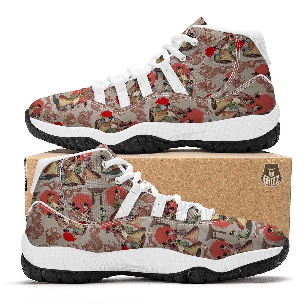 Tokyo Japanese Print Pattern White Bball Shoes-grizzshop