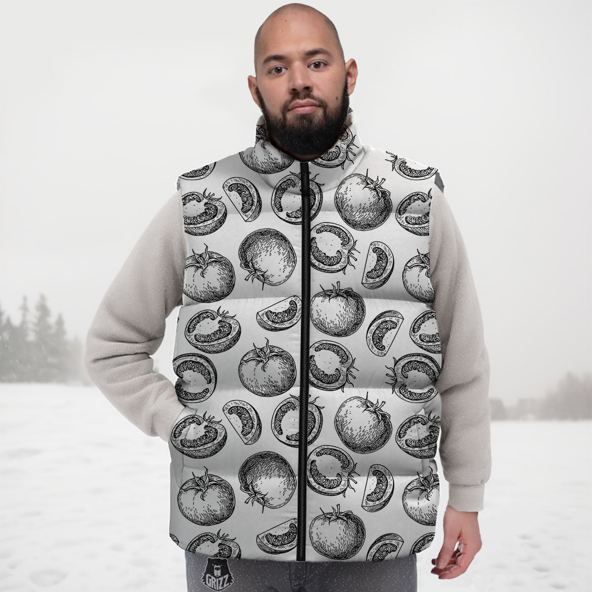 Tomato Hand Drawn Print Pattern Down Vest-grizzshop