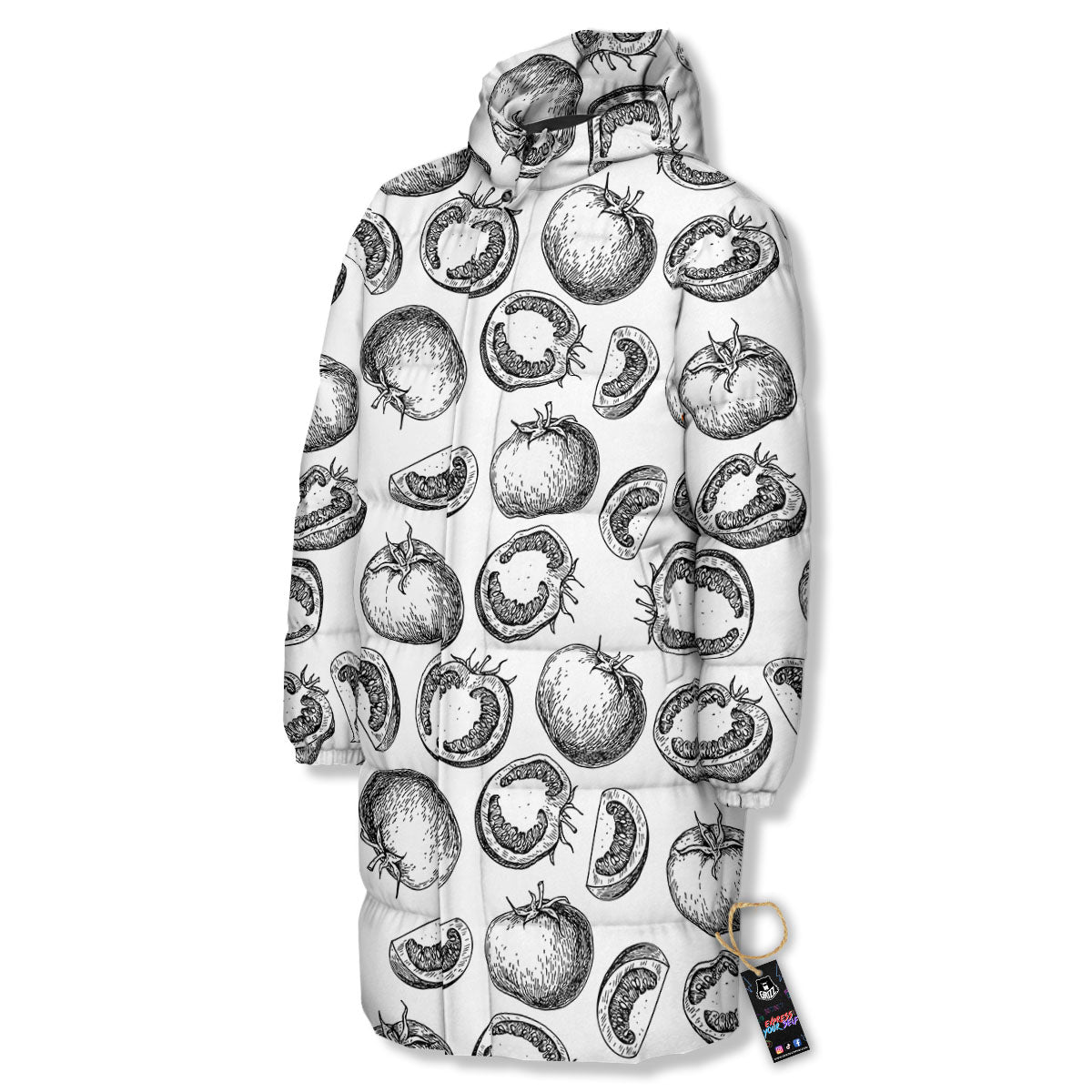 Tomato Hand Drawn Print Pattern Long Down Jacket-grizzshop