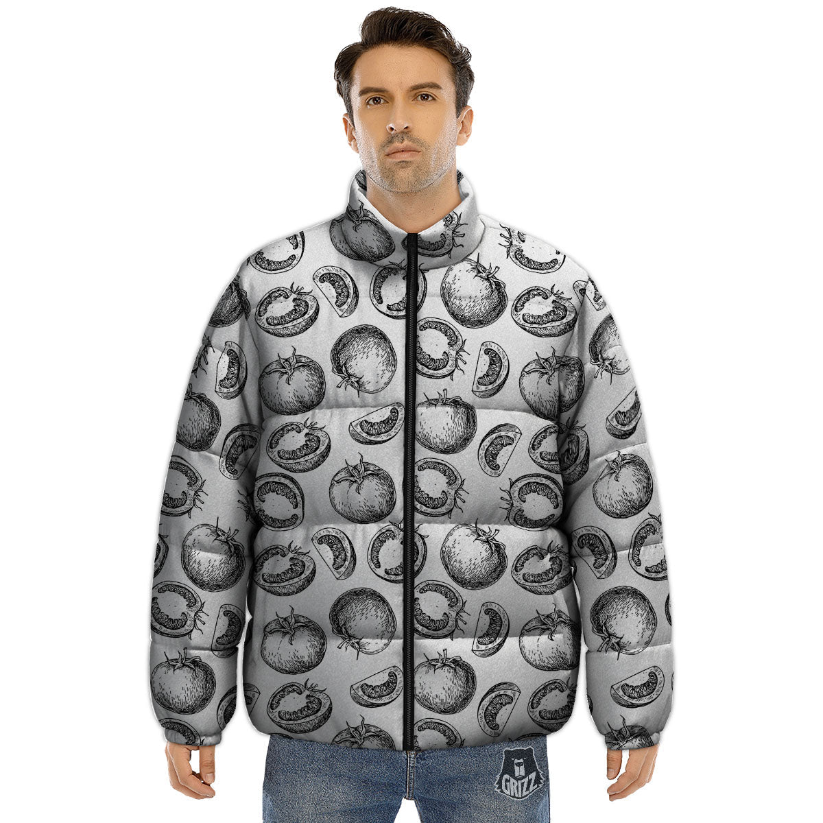Tomato Hand Drawn Print Pattern Puffer Jacket-grizzshop