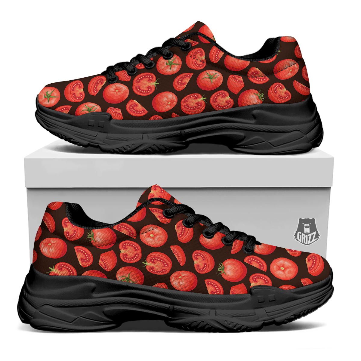 Tomatoes Red Print Pattern Black Chunky Shoes-grizzshop