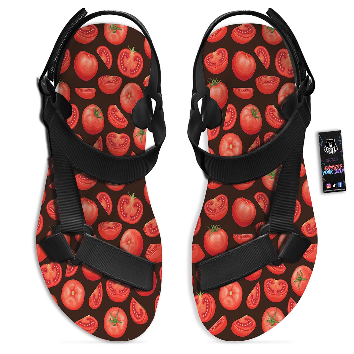 Tomatoes Red Print Pattern Black Open Toe Sandals-grizzshop
