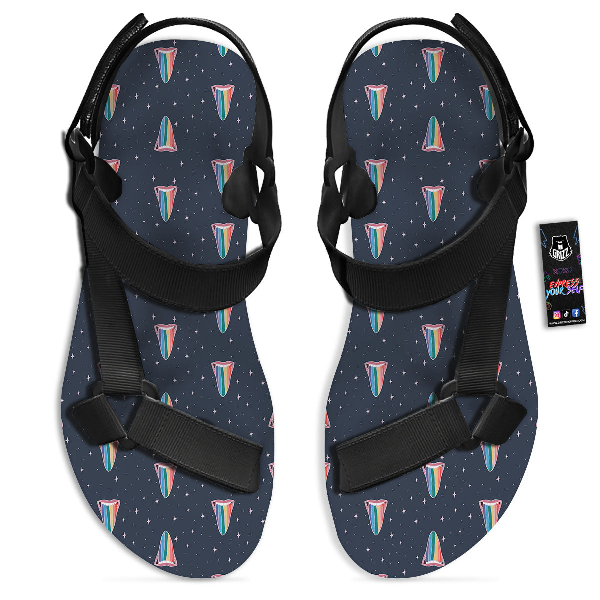 Tongue Gay Pride Print Pattern Black Open Toe Sandals-grizzshop