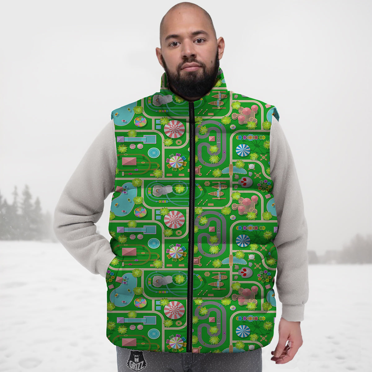 Top View Amusement Park Print Pattern Down Vest-grizzshop