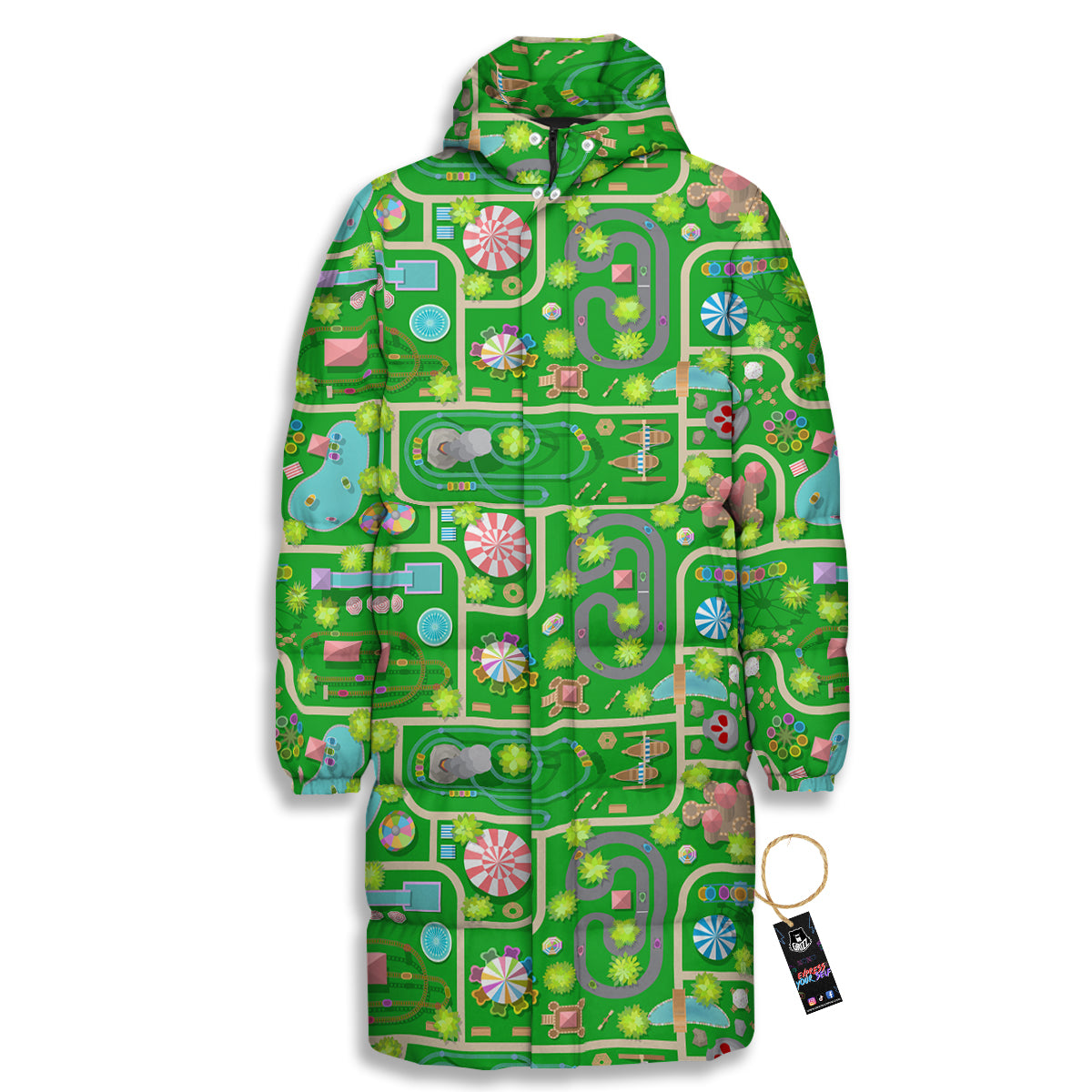 Top View Amusement Park Print Pattern Long Down Jacket-grizzshop