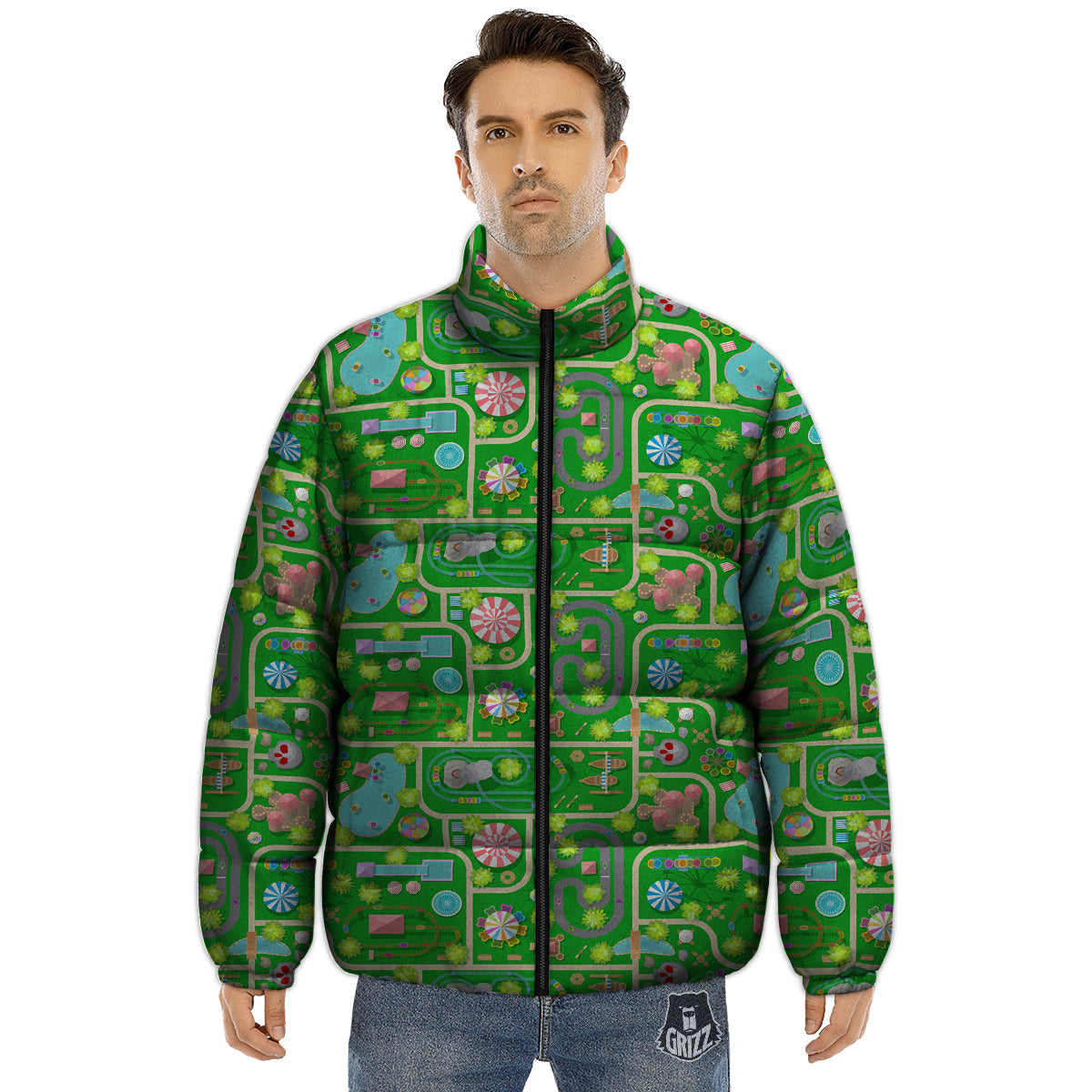 Top View Amusement Park Print Pattern Puffer Jacket-grizzshop