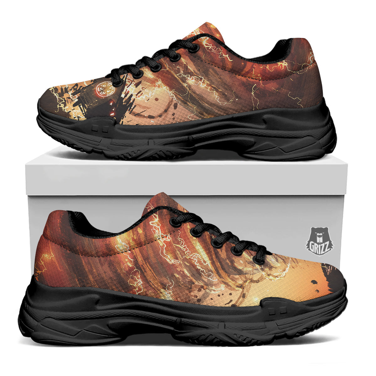 Tornado Destroy Watercolor Print Black Chunky Shoes-grizzshop