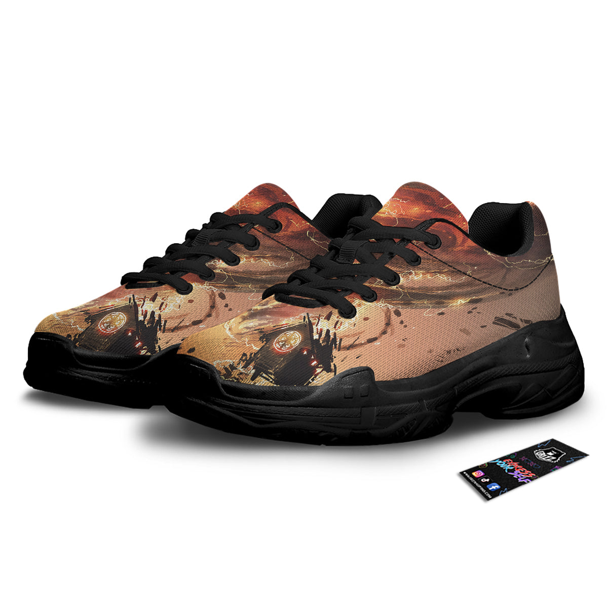 Tornado Destroy Watercolor Print Black Chunky Shoes-grizzshop