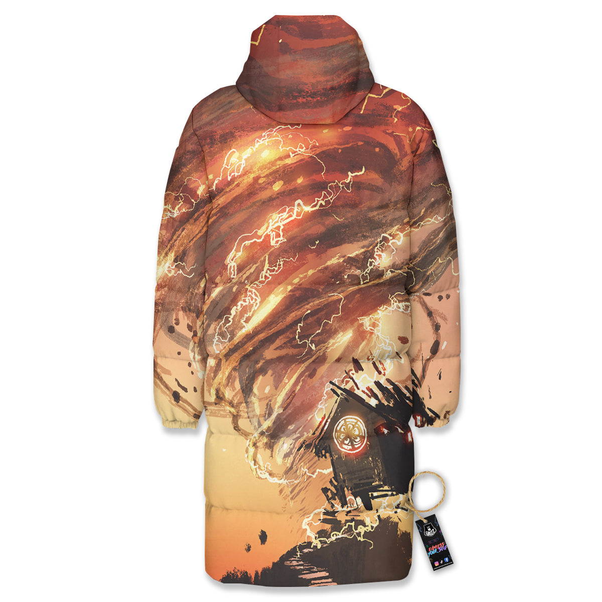 Tornado Destroy Watercolor Print Long Down Jacket-grizzshop