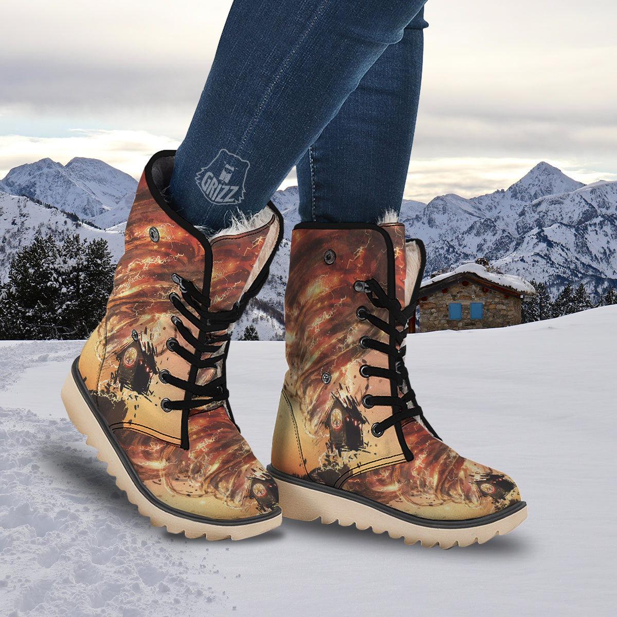Tornado Destroy Watercolor Print Snow Boots-grizzshop
